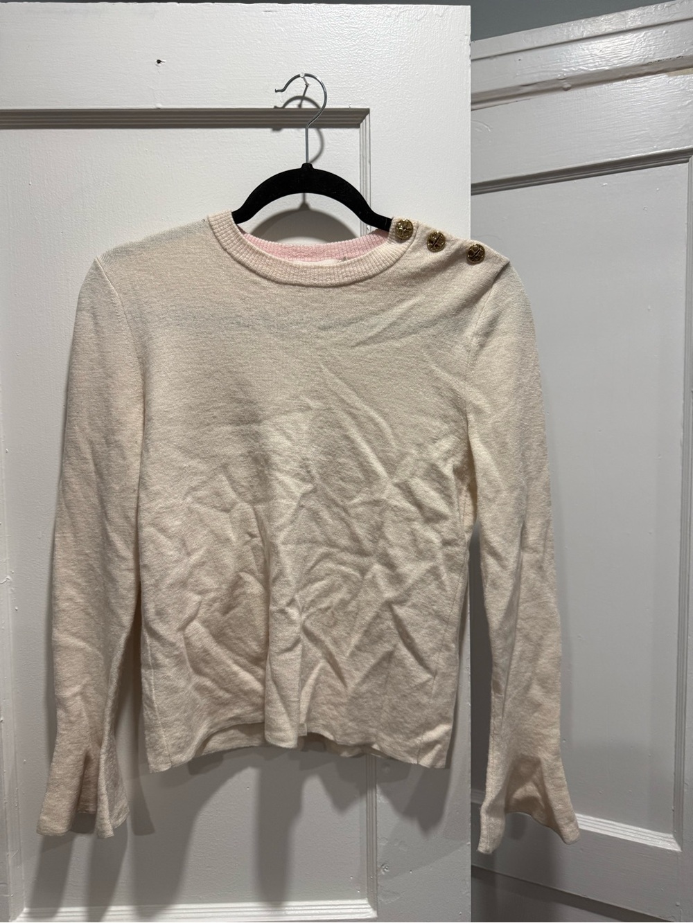 Tory Burch Cream Crewneck Button-Shoulder Long Sleeve Sweater